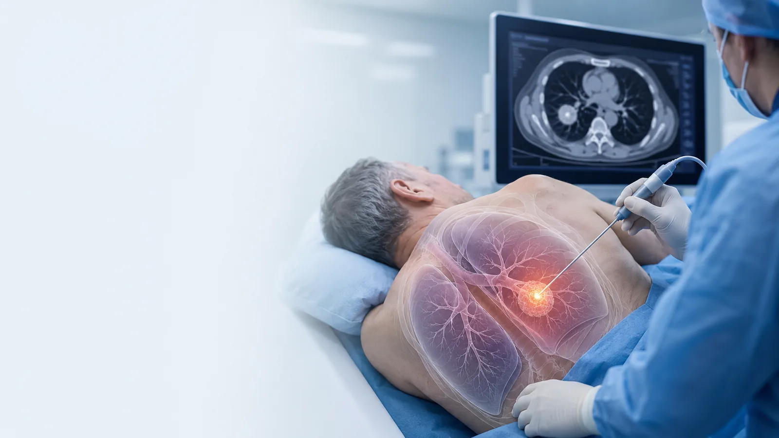 Akciğer tümörü, BT eşliğinde yerleştirilen ablasyon probu — işlem anatomisi