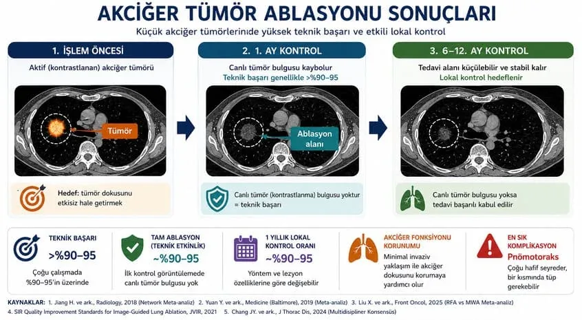 Akciğer tümör ablasyonu sonrası işlem öncesi, 1. ay ve 6-12. ay kontrol karşılaştırması