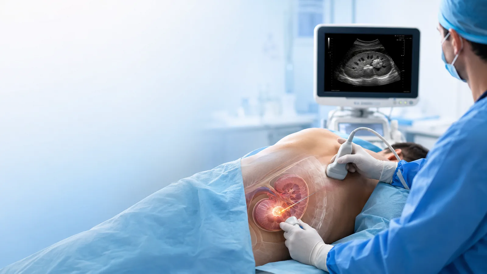 Böbrek tümörü, görüntüleme eşliğinde yerleştirilen ablasyon probu — işlem anatomisi