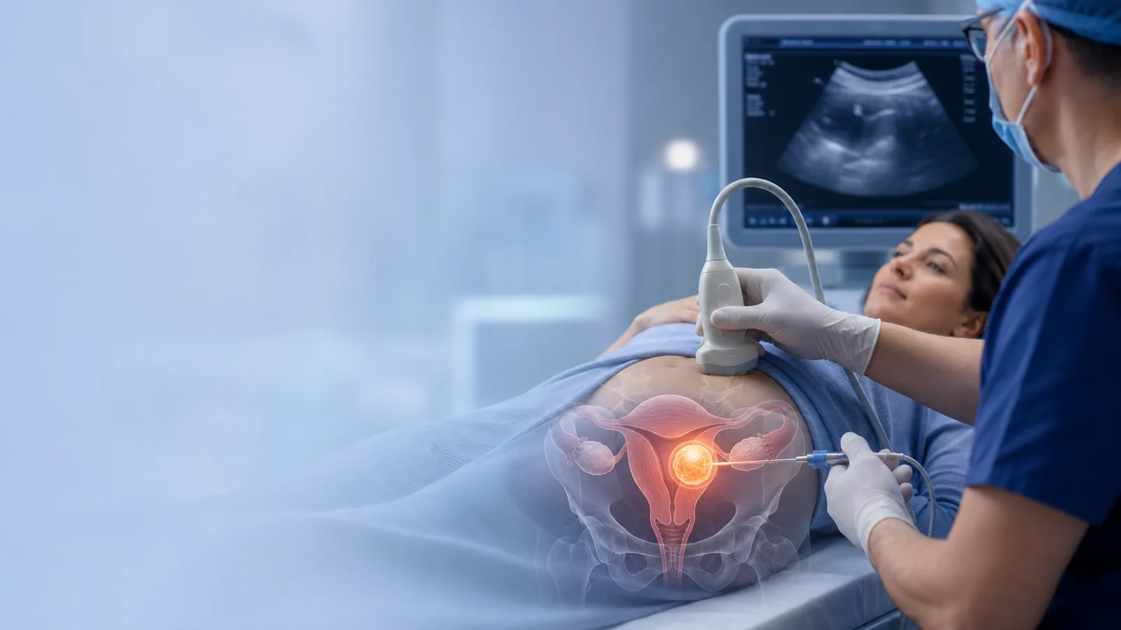 Rahim miyomu, ultrason probu ve ablasyon probu — işlem anatomisi