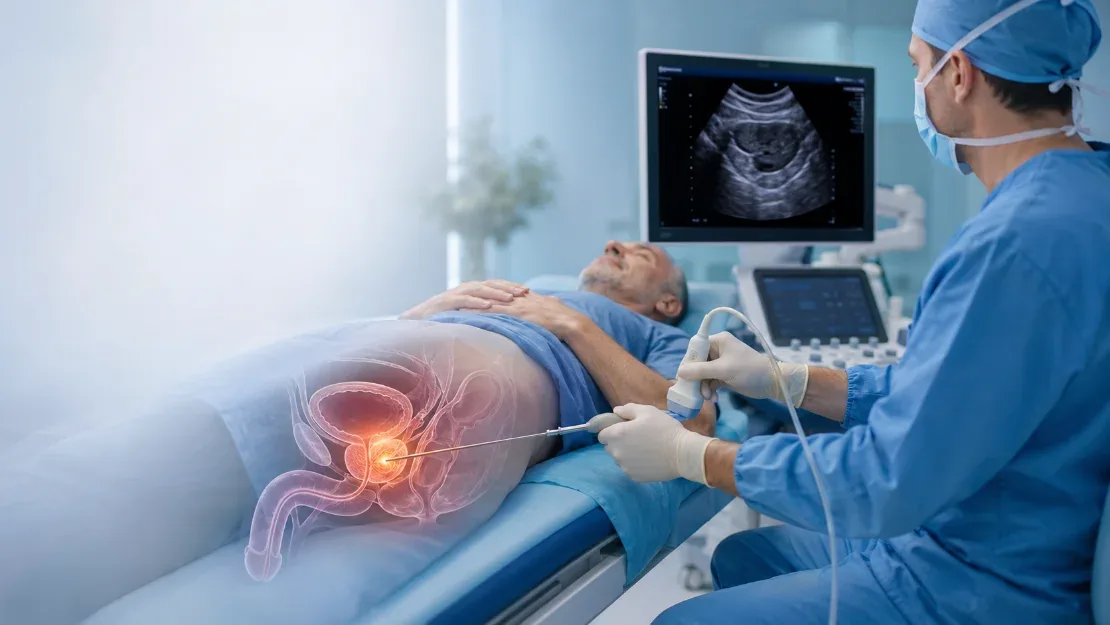 Prostat anatomisi, görüntüleme eşliğinde yerleştirilen ablasyon probu — işlem şeması