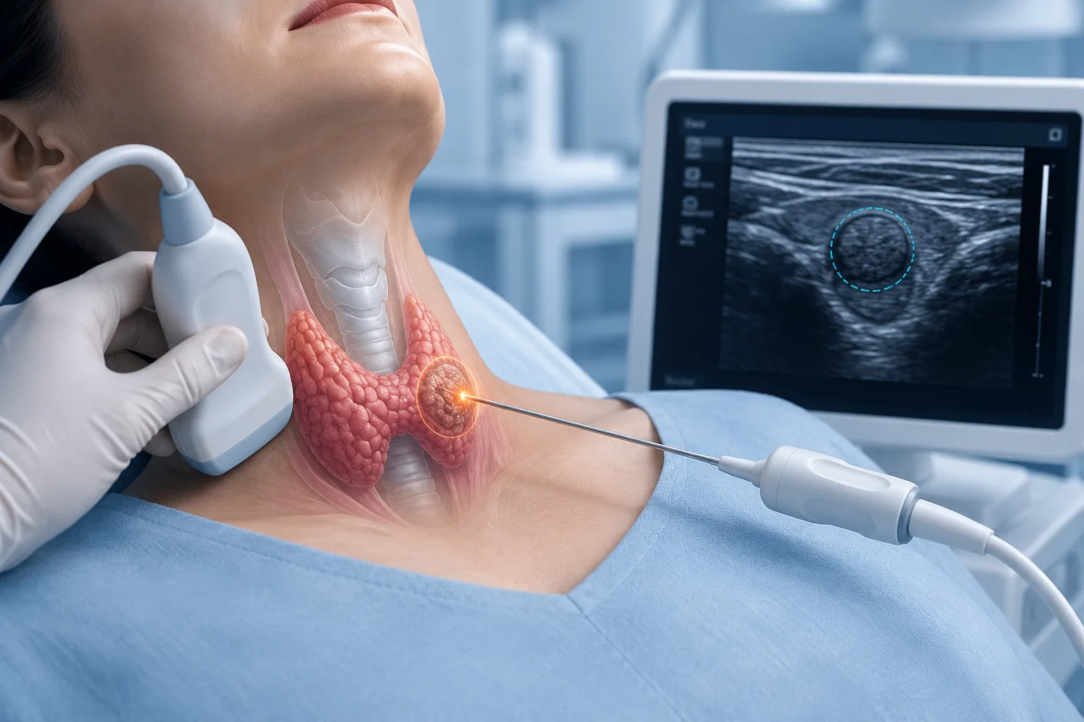 Tiroid nodülü, ultrason probu ve ablasyon probu — işlem anatomisi