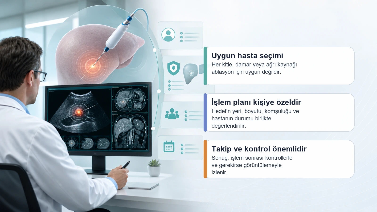 Ablasyon için hasta seçimi, görüntüleme ve takip planını anlatan premium medikal görsel