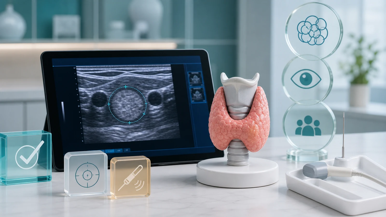 Ameliyatsız tiroid nodül tedavisi için ultrason ve hasta uygunluk değerlendirmesini anlatan premium medikal görsel