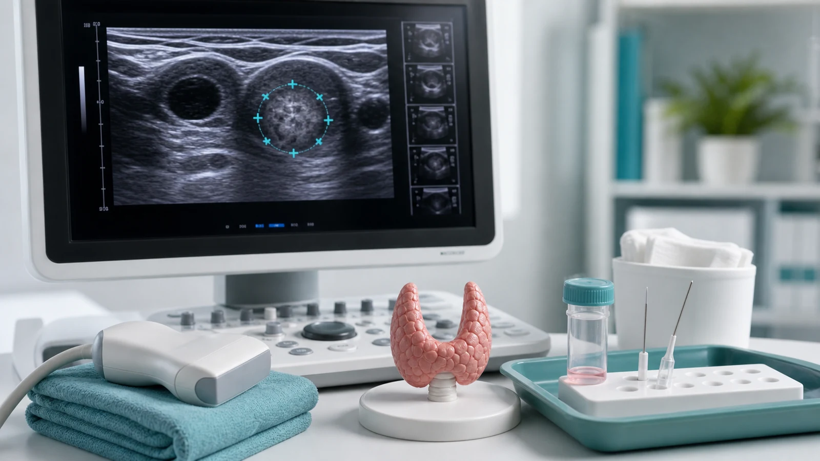 Tiroid nodül ablasyonu öncesinde ultrason ve biyopsi ile uygunluk değerlendirmesini anlatan premium medikal görsel