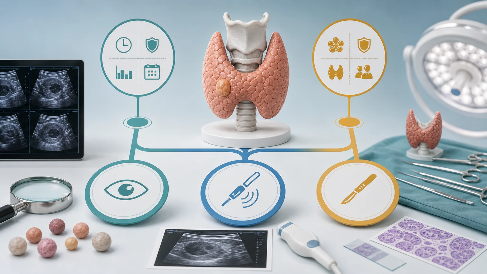 Tiroid nodülünde şüpheli bulgular ve ciddi bası durumunda ablasyon yerine farklı kararların değerlendirilmesini anlatan premium medikal görsel
