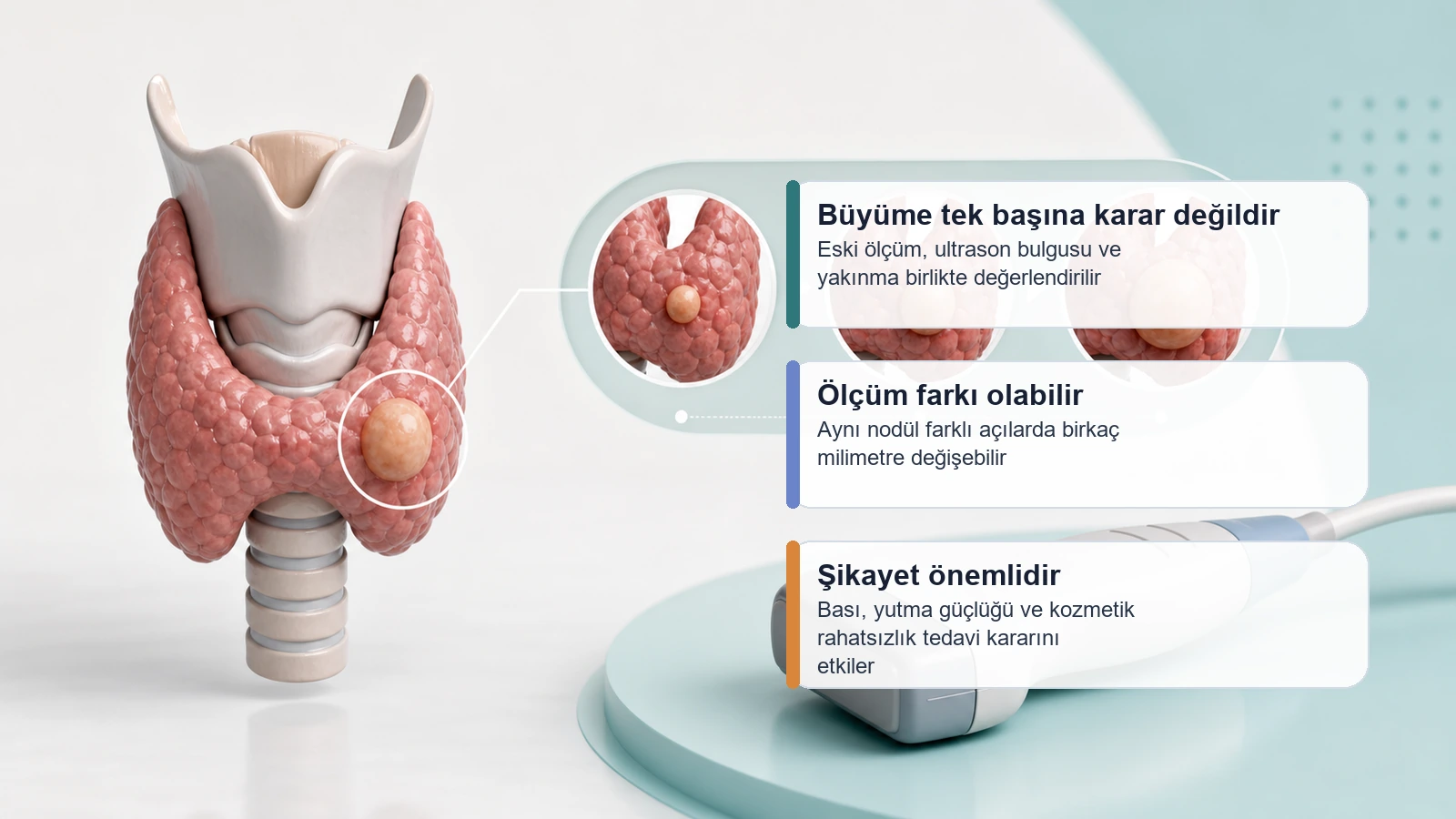 Büyüyen tiroid nodülünde ölçüm, ultrason bulgusu ve yakınmaların birlikte değerlendirildiğini gösteren medikal tiroid görseli