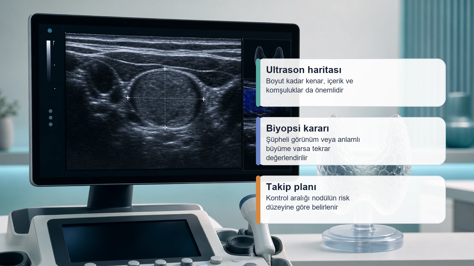 Tiroid nodülünün ultrasonla ölçüm, görünüm ve takip açısından değerlendirildiğini gösteren medikal görsel
