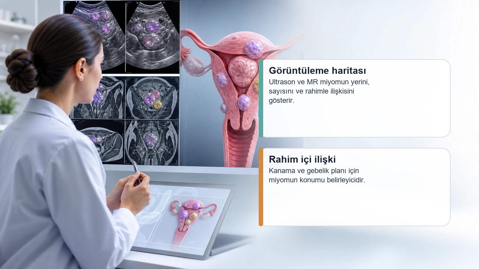 Miyomda ultrason ve MR ile tedavi kararının planlandığını gösteren premium medikal görsel