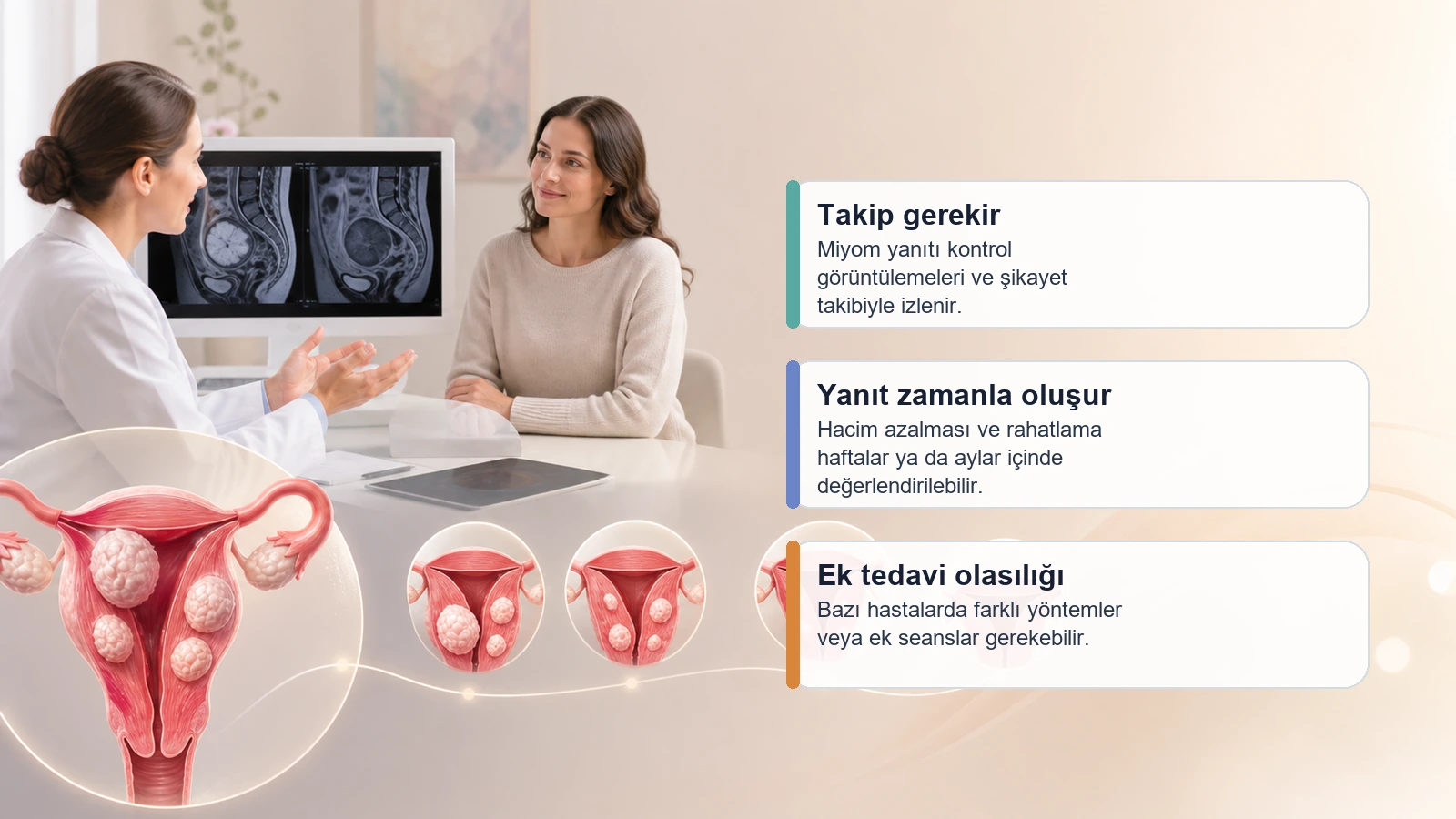 Miyom ablasyonu sonrası kontrol görüntülemesi ve şikayet takibini anlatan premium medikal görsel