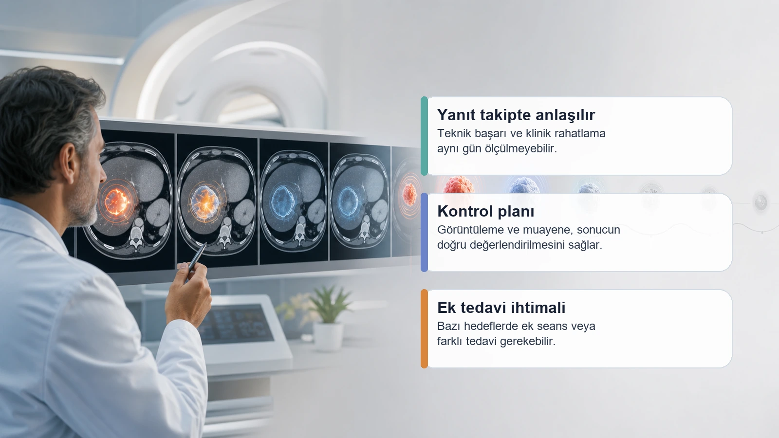 Ablasyon sonrası yanıtın takip ve görüntüleme kontrolleriyle değerlendirildiğini anlatan premium medikal görsel
