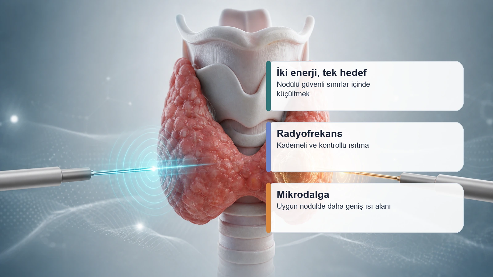 Tiroid nodül ablasyonunda radyofrekans ve mikrodalga seçeneklerinin aynı nodül modeli üzerinde karşılaştırıldığını gösteren medikal görsel