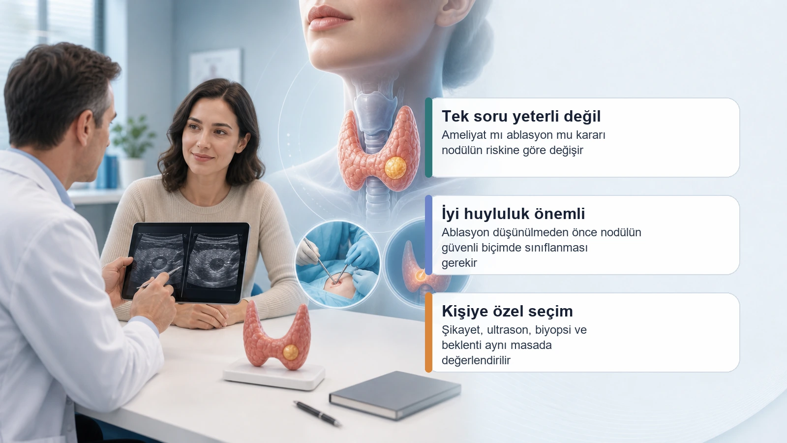 Tiroid Nodül Ameliyat mı Ablasyon mu? için tiroid nodülünde ameliyat, ablasyon ve takip seçeneklerinin hasta özelinde değerlendirildiğini anlatan premium medikal görsel