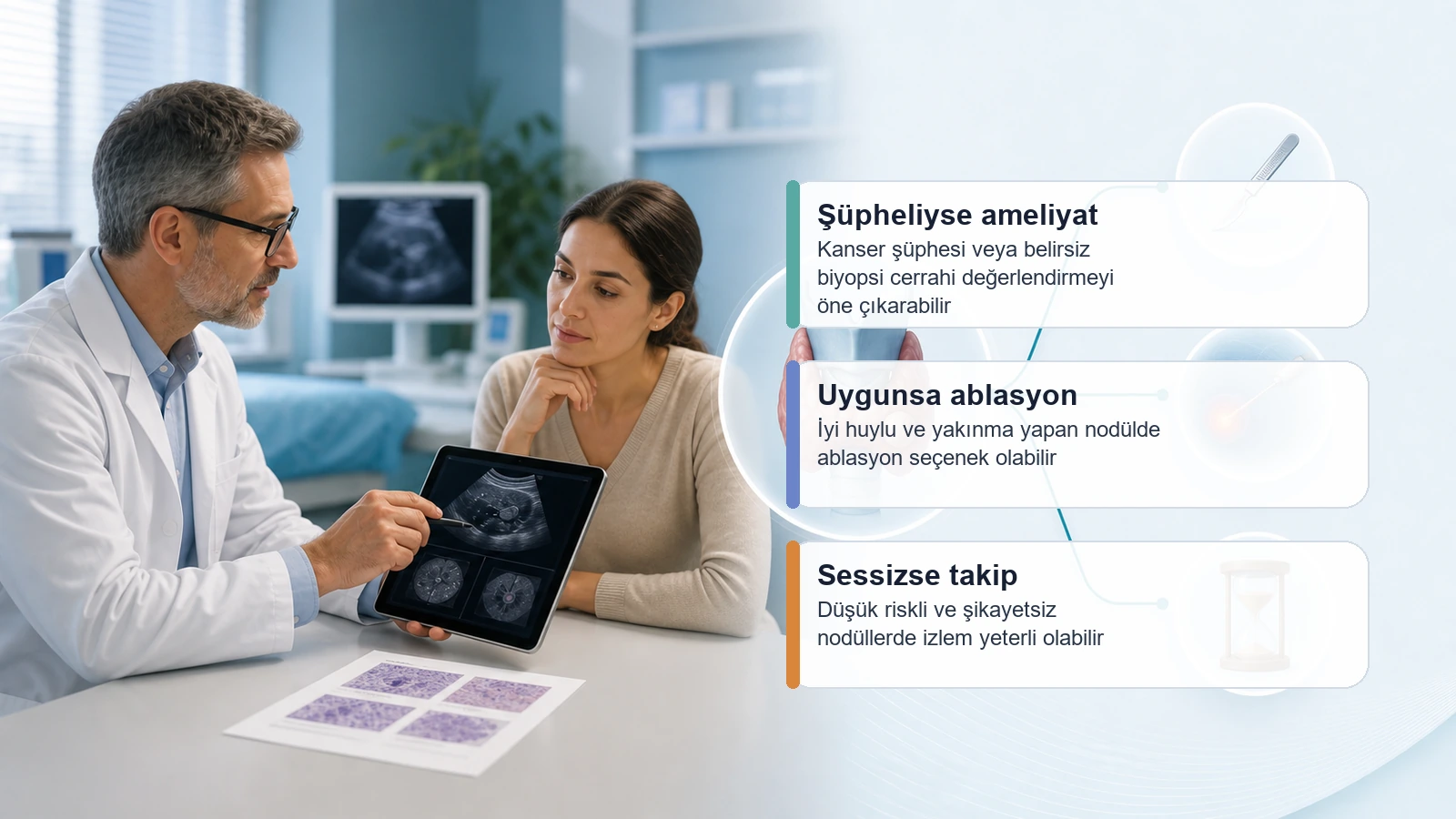 Tiroid Nodül Ameliyat mı Ablasyon mu? için tiroid nodülünde ameliyat, ablasyon ve takip seçeneklerinin karar sürecini anlatan premium medikal görsel