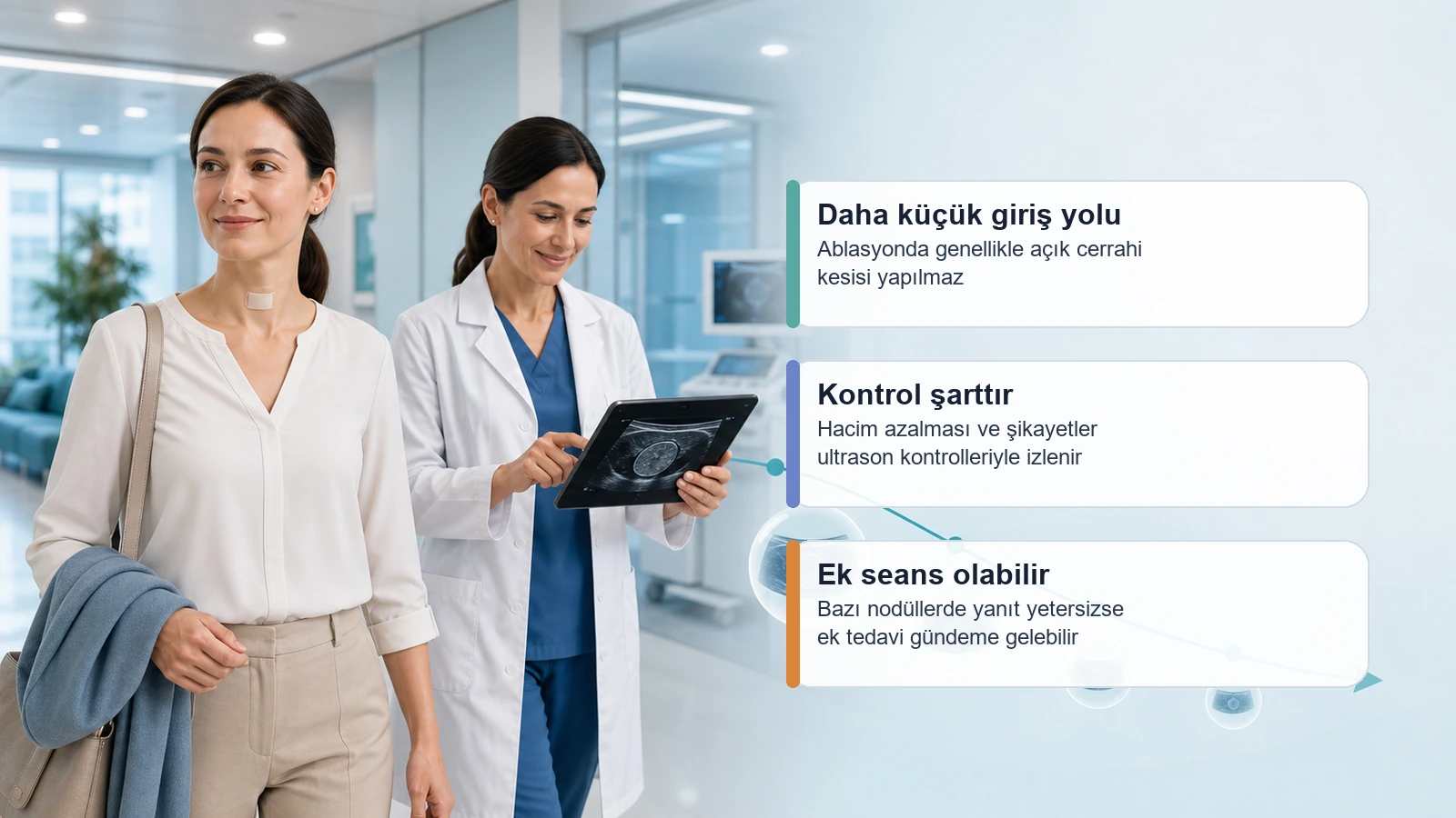 Tiroid Nodül Ameliyat mı Ablasyon mu? için tiroid nodül ablasyonu sonrası takip, hacim azalması ve hasta konforu sürecini anlatan premium medikal görsel