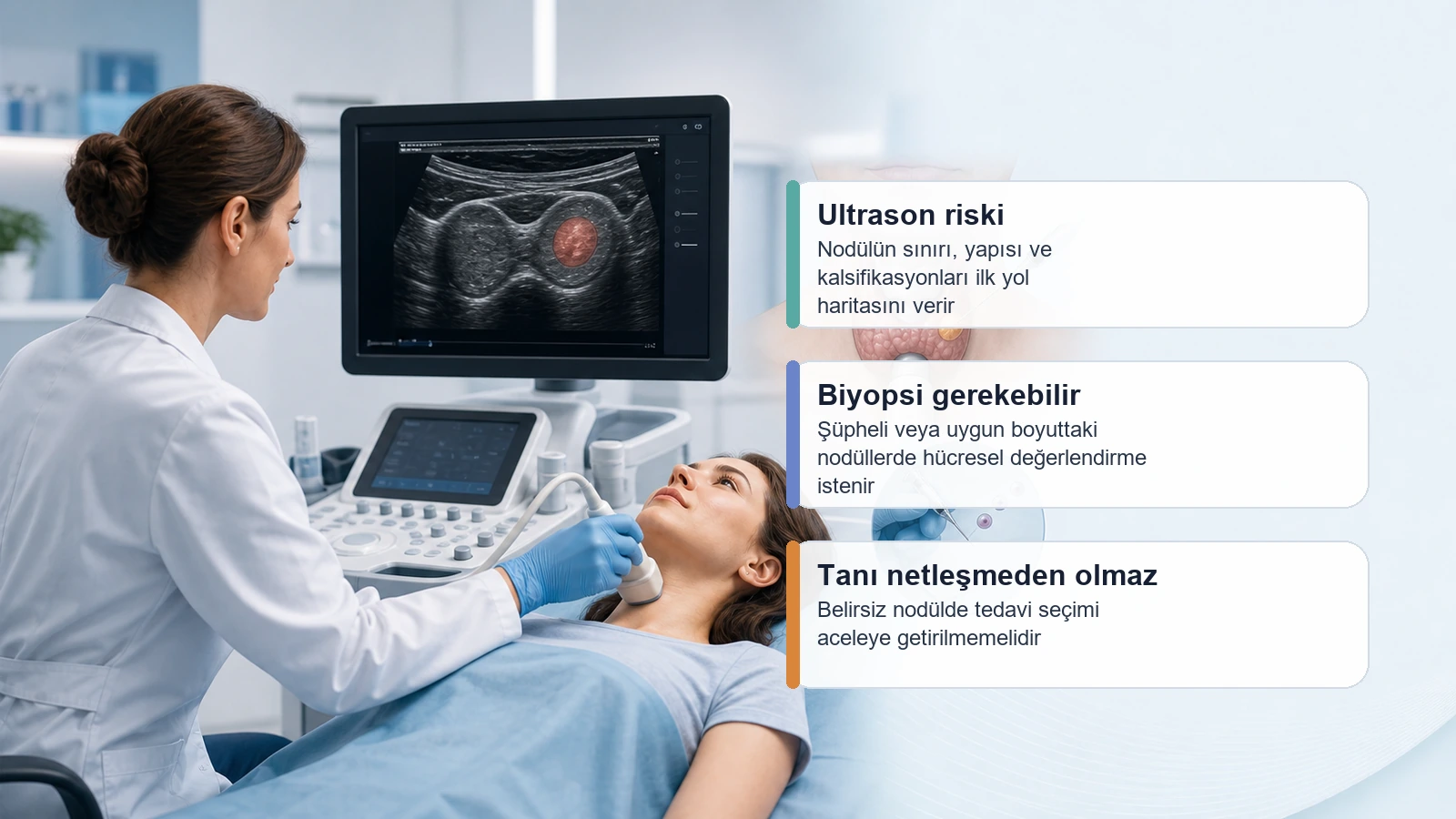 Tiroid Nodül Ameliyat mı Ablasyon mu? için tiroid nodülünde ultrason ve biyopsi bulgularıyla tedavi kararının planlandığını anlatan premium medikal görsel