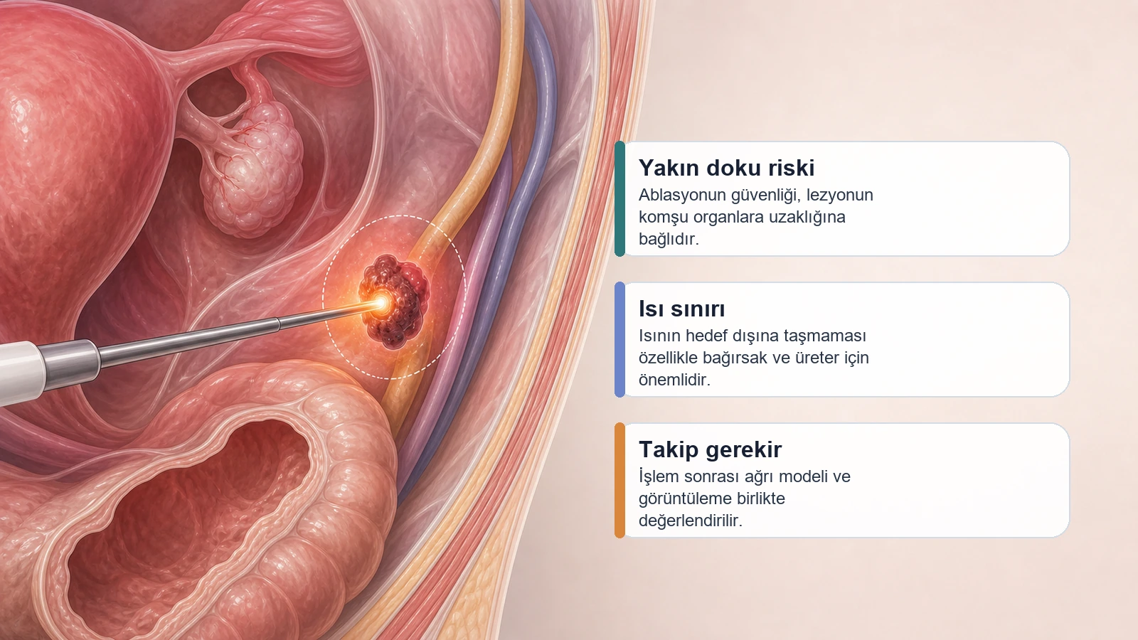 Endometriozis Ablasyonu Riskleri için endometriozis ablasyonunda yakın doku riski, ısı sınırı ve takip gereksinimini açıklayan premium medikal görsel