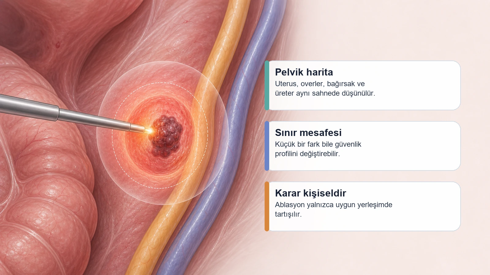 Endometriozis Ablasyonu Riskleri için pelvik anatomide endometriozis yerleşimi ve güvenlik sınırlarını açıklayan premium medikal görsel
