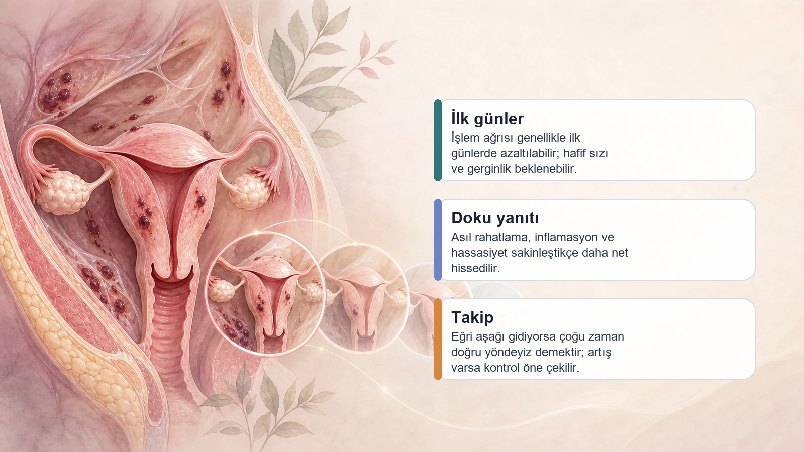 Endometriozis ablasyonu sonrası ilk günler, doku yanıtı ve takip çizgisini anlatan medikal illüstrasyon