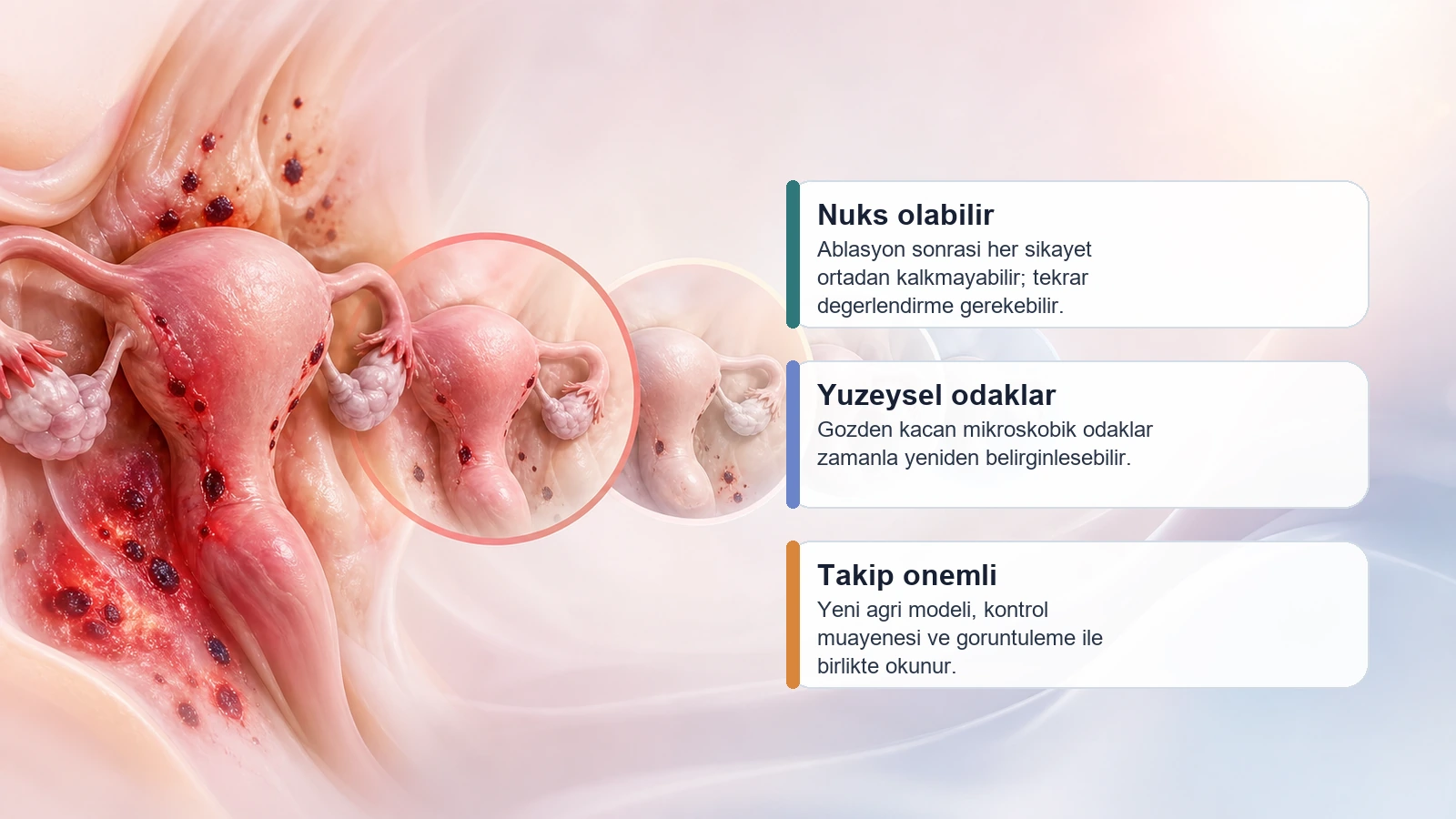 Endometriozis Ablasyonu Sonrasi Tekrarlar mi? icin nuks olasiligini, yuzeysel odaklari ve takip ihtiyacini anlatan premium medikal gorsel