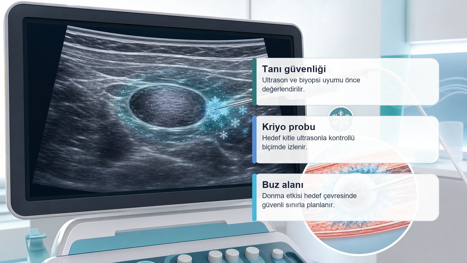 Fibroadenom kriyoablasyon için tanı güvenliği, kriyo probu ve buz alanını gösteren ultrason temelli premium medikal görsel