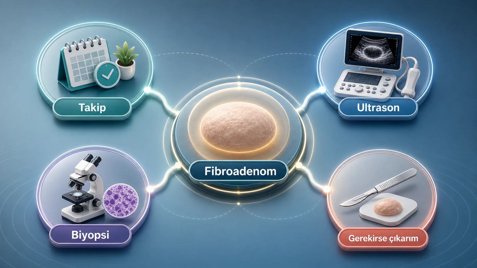 Fibroadenom nedir sorusunu ultrason ve iyi huylu kitle vurgusuyla anlatan premium görsel