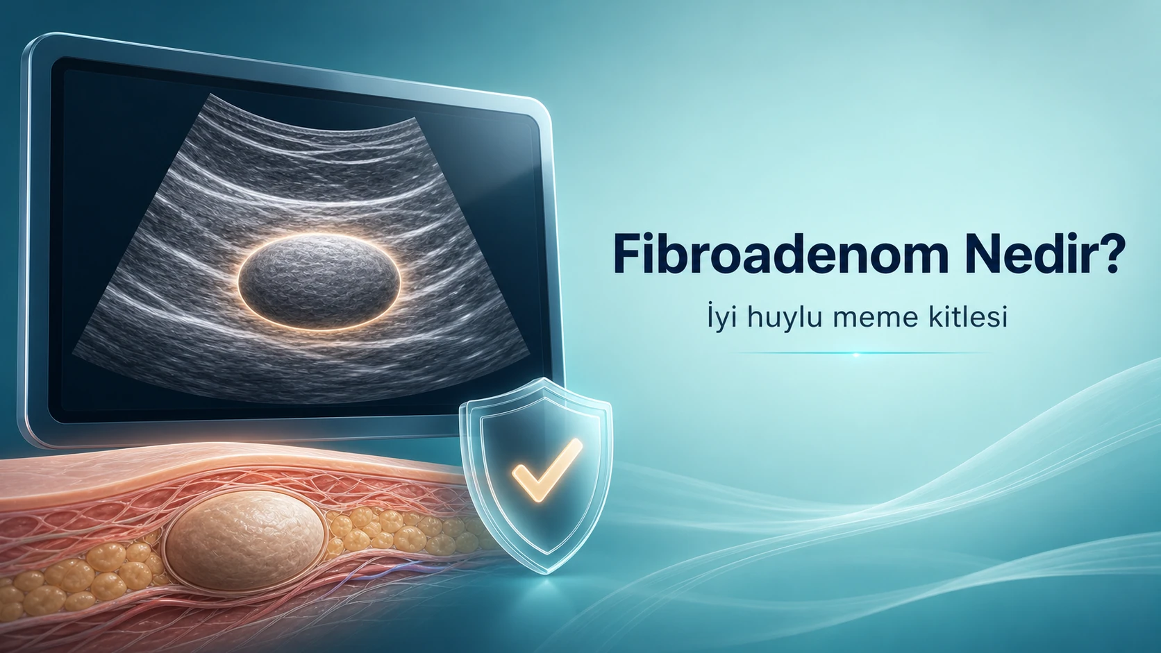 Fibroadenom tanısı sonrası takip, biyopsi ve gerekirse çıkarım akışını gösteren premium görsel