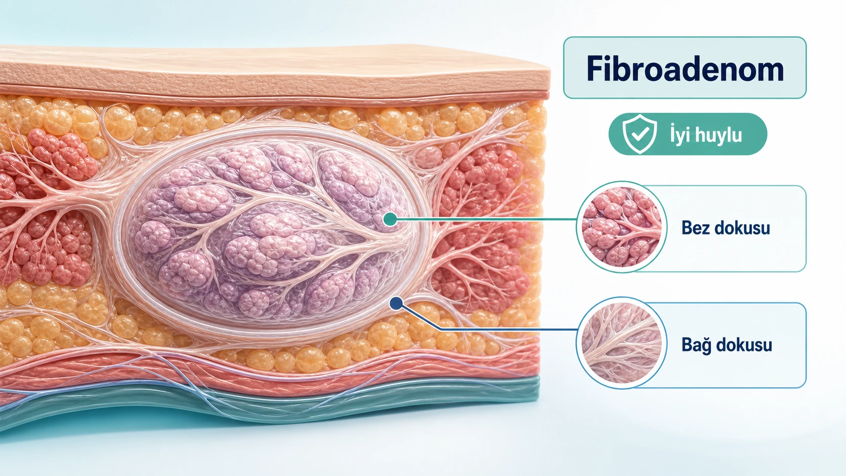 Fibroadenomun bez dokusu ve bağ dokusu bileşenlerini gösteren premium anatomik görsel