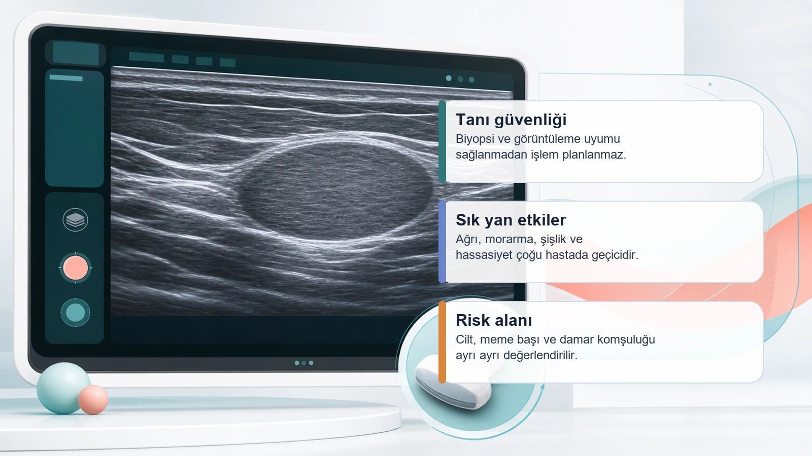 Meme fibroadenom ablasyonunda tanı güvenliği, sık yan etkiler ve risk alanını anlatan premium medikal görsel