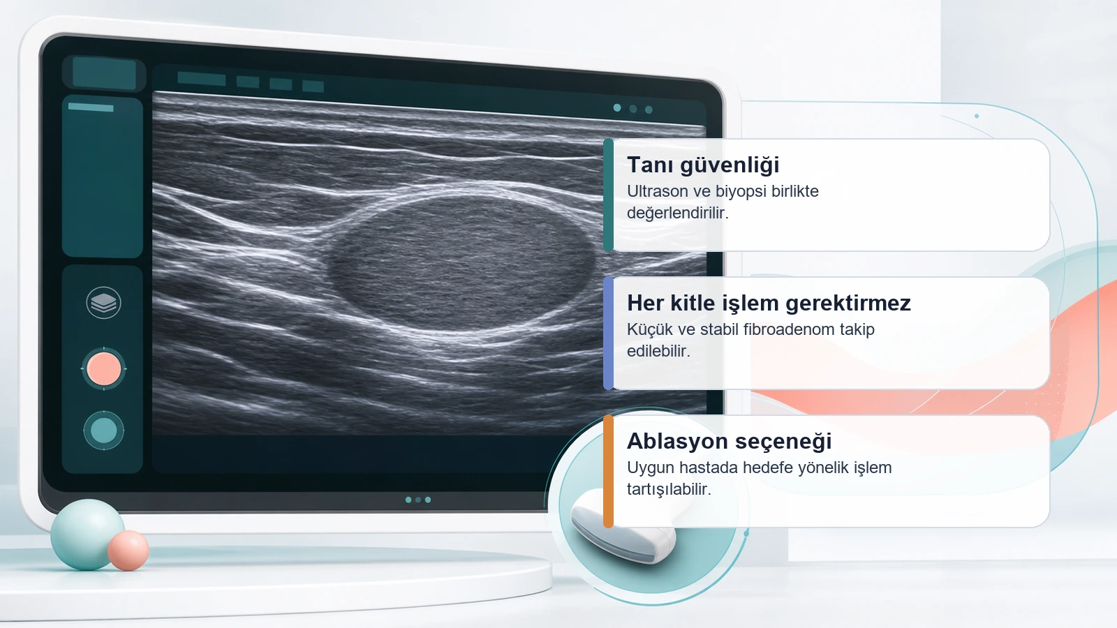 Meme fibroadenomunda tanı güvenliği, takip ve ameliyat-ablasyon kararını anlatan ultrason temelli premium medikal görsel
