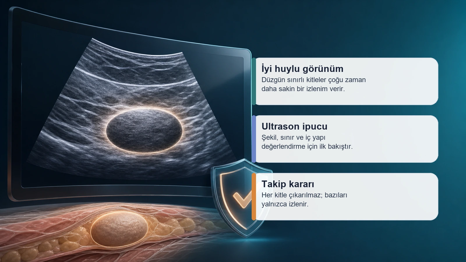 Memede iyi huylu kitleyi ultrason ve güven işaretiyle anlatan premium medikal görsel