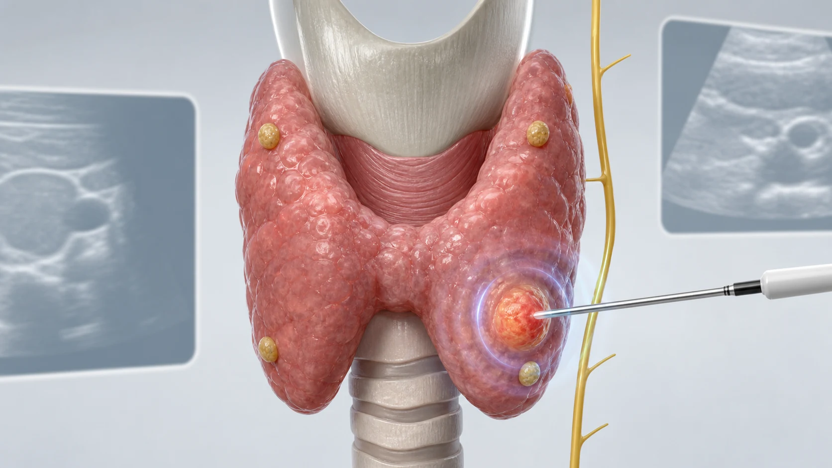 Paratiroid adenom ablasyonu ve ses siniri güvenliğini anlatan metinsiz tiroid paratiroid modeli