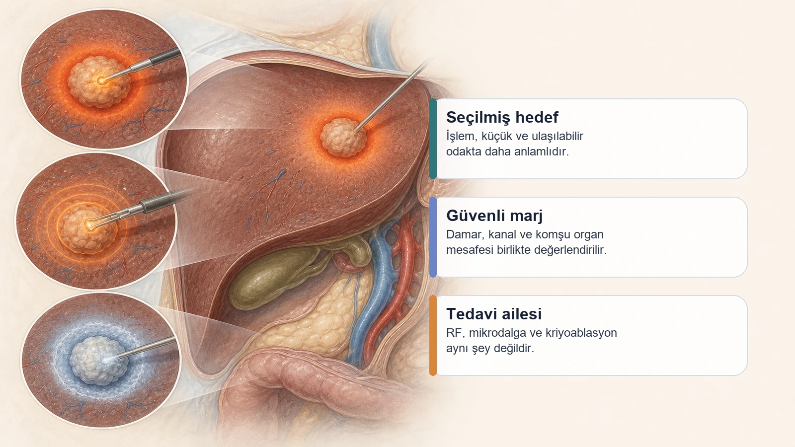 Radyofrekans, Mikrodalga ve Kriyoablasyon ile Tümör Tedavisi için seçilmiş küçük bir tümör odağını ve üç ablatif yaklaşımı anlatan premium medikal görsel