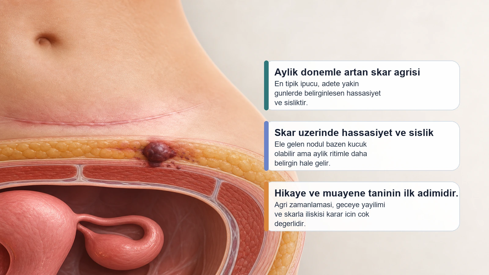 Sezaryen skarı endometriozisini ve aylik donemle artan skar agrisini anlatan premium medikal gorsel