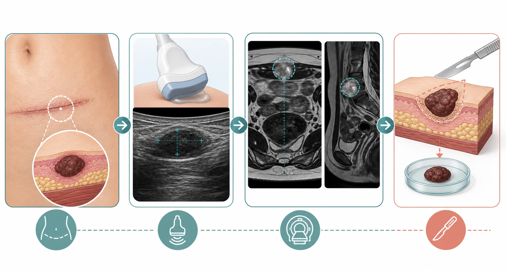 Skar endometriozisi icin ultrason, MR ve cerrahi cikarim yolunu gosteren premium medikal gorsel