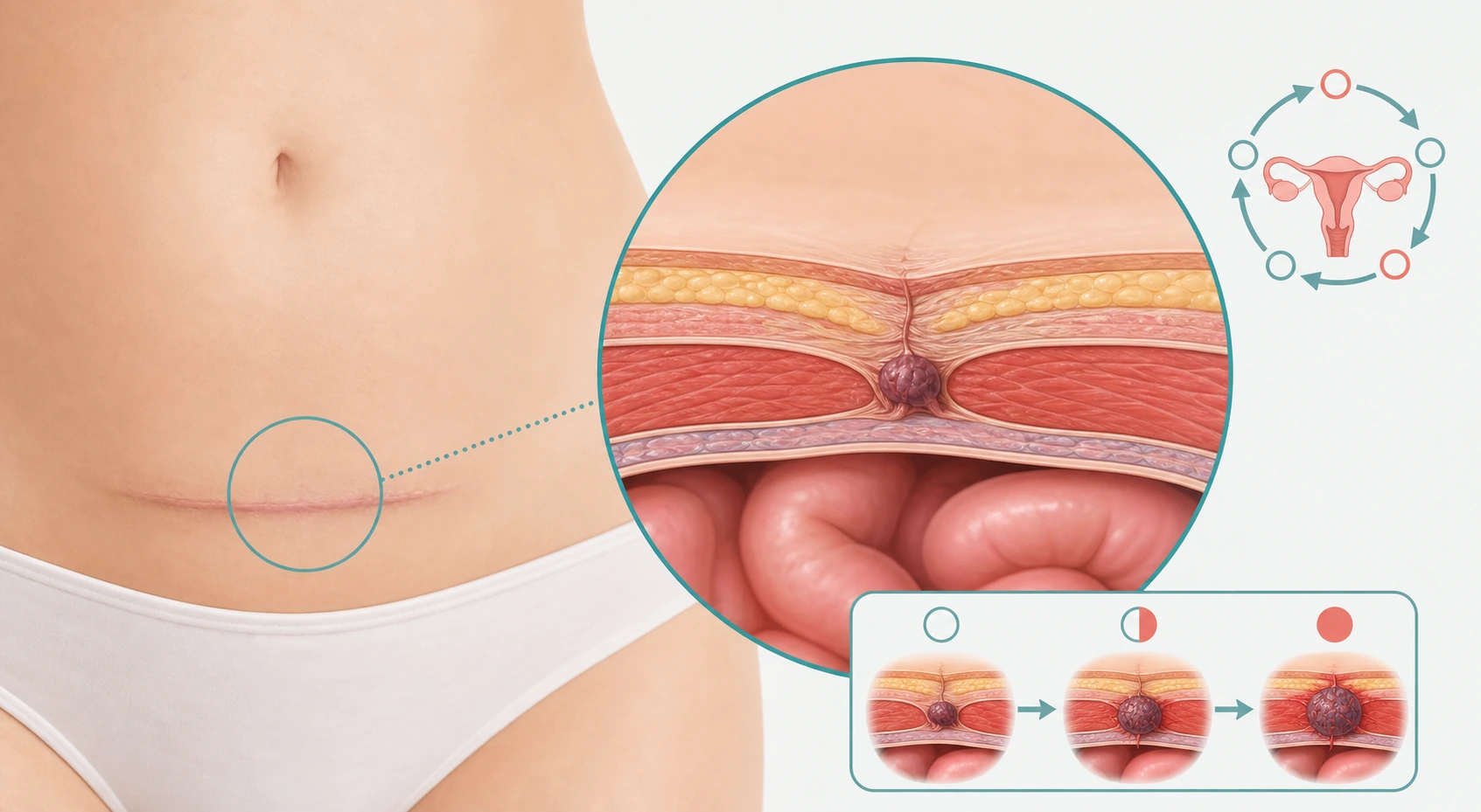 Skar endometriozisi icin sezaryen izi cevresindeki lezyonu ve abdominal duvar katmanlarini gosteren premium medikal gorsel